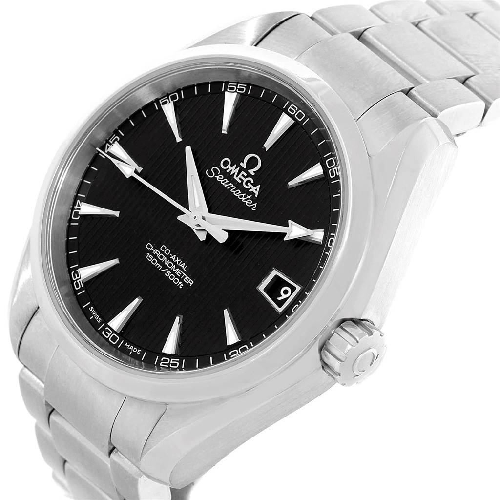 The image shows the Omega Aqua Terra 231.10.39.21.01.001 Men's Stainless Steel Black Dial 231.10.39.21.01.001 Men's Stainless Steel Black Dial watch at an angle displaying the face, crown, and part of the bracelet.