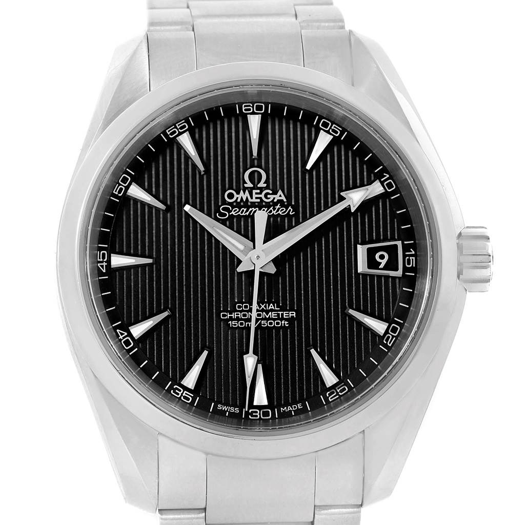 This image shows a frontal view of the Omega Seamaster Aqua Terra watch, displaying its dial, hands, and bracelet.
