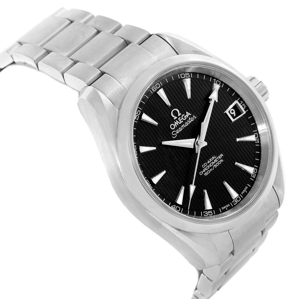 This image shows a side angle of the Omega Aqua Terra 231.10.39.21.01.001 Men's Stainless Steel Black Dial 231.10.39.21.01.001 Men's Stainless Steel Black Dial watch, highlighting the case, bracelet, dial, and date window.