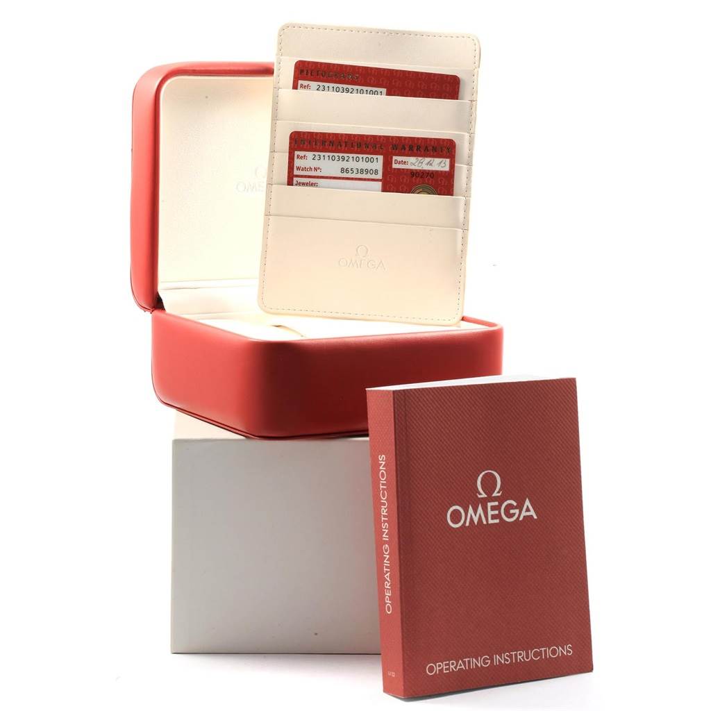 The image shows an open box for the Omega Aqua Terra 231.10.39.21.01.001 Men's Stainless Steel Black Dial 231.10.39.21.01.001 Men's Stainless Steel Black Dial watch, warranty cards, and an operating instructions manual.