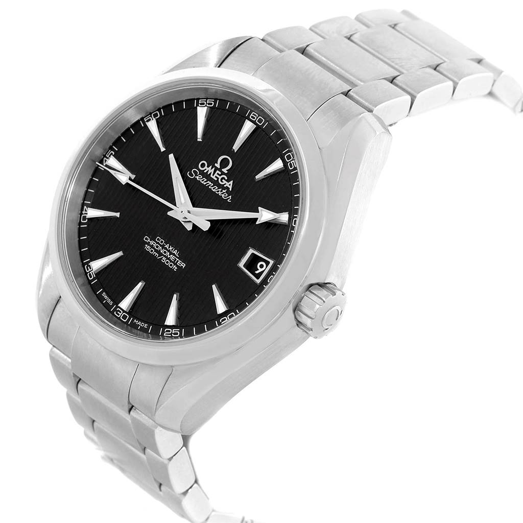 The image shows an Omega Aqua Terra 231.10.39.21.01.001 Men's Stainless Steel Black Dial 231.10.39.21.01.001 Men's Stainless Steel Black Dial watch at a slight side angle, displaying the face, case, and bracelet.