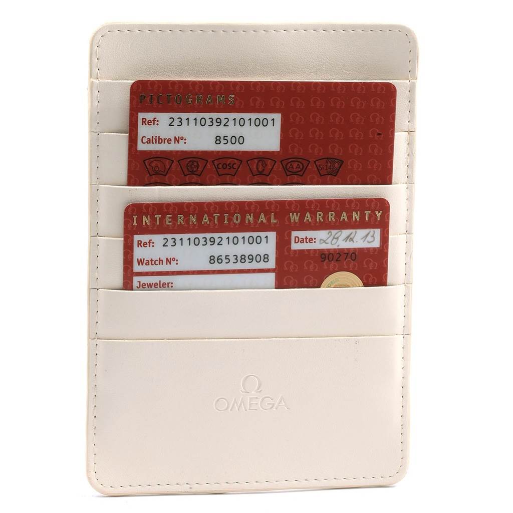 The image shows the warranty cards and pictograms for the Omega Aqua Terra 231.10.39.21.01.001 Men's Stainless Steel Black Dial 231.10.39.21.01.001 Men's Stainless Steel Black Dial model, presented in a white cardholder.