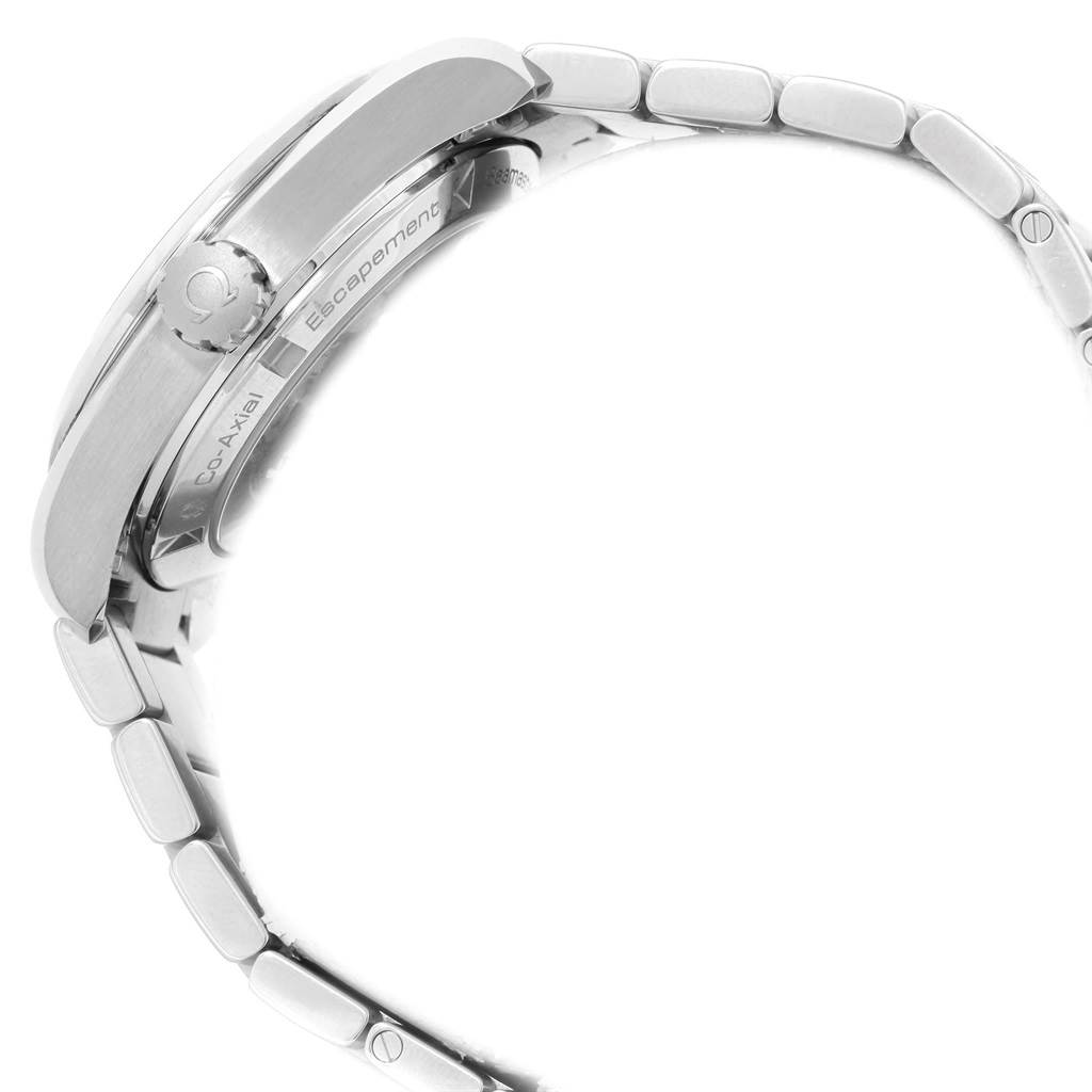 The image shows a side view of an Omega Aqua Terra 231.10.39.21.01.001 Men's Stainless Steel Black Dial 231.10.39.21.01.001 Men's Stainless Steel Black Dial watch, highlighting the crown, case, and part of the metal bracelet.