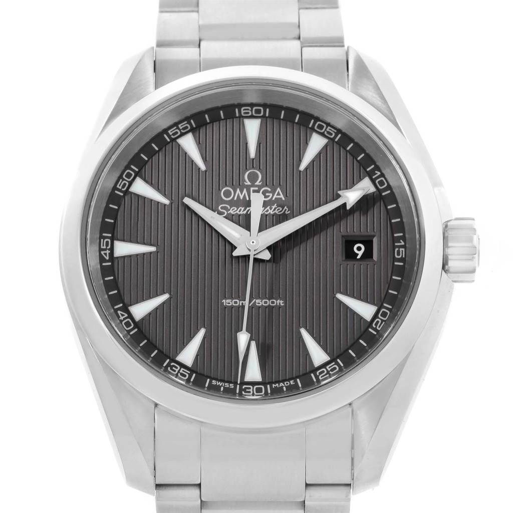 The image shows a front view of the Omega Aqua Terra 231.10.39.60.06.001 Men's Stainless Steel Grey Dial 231.10.39.60.06.001 Men's Stainless Steel Grey Dial watch, highlighting the dial, hands, markers, and date window.