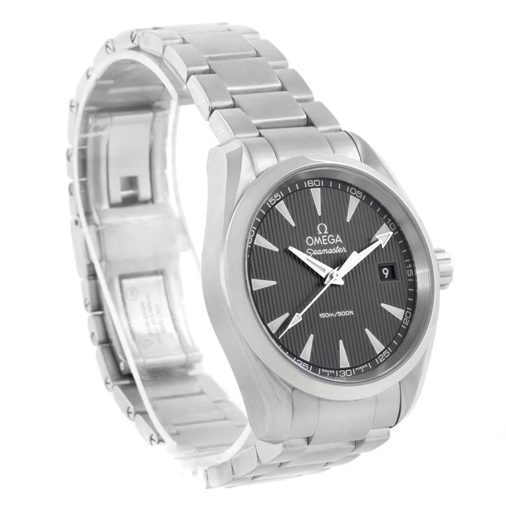 The image shows an Omega Aqua Terra 231.10.39.60.06.001 Men's Stainless Steel Grey Dial 231.10.39.60.06.001 Men's Stainless Steel Grey Dial watch from a three-quarter angle, highlighting its face, bezel, and metal bracelet.