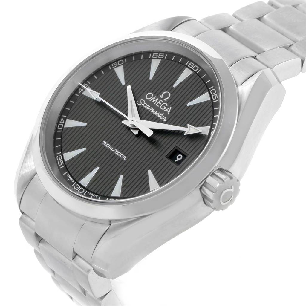 The Omega Aqua Terra 231.10.39.60.06.001 Men's Stainless Steel Grey Dial 231.10.39.60.06.001 Men's Stainless Steel Grey Dial watch is shown at a front-side angle displaying the dial, bracelet, and crown.