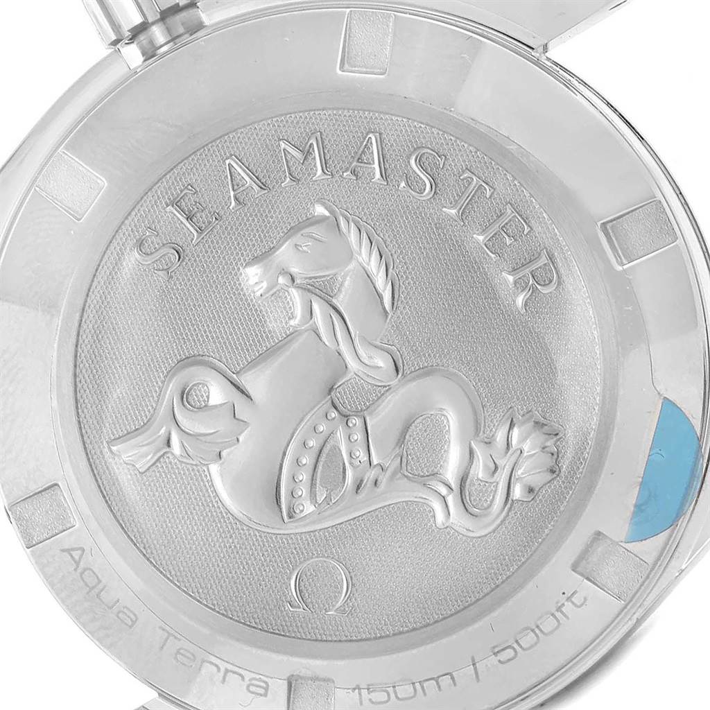 This image shows the engraved case back of the Omega Aqua Terra 231.10.39.60.06.001 Men's Stainless Steel Grey Dial 231.10.39.60.06.001 Men's Stainless Steel Grey Dial watch.