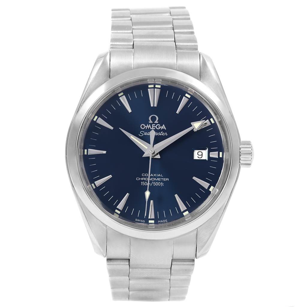 The Omega Aqua Terra 2503.80.00 Men's Stainless Steel Blue Dial 2503.80.00 Men's Stainless Steel Blue Dial watch is shown from a front angle, highlighting the face, bracelet, and crown.