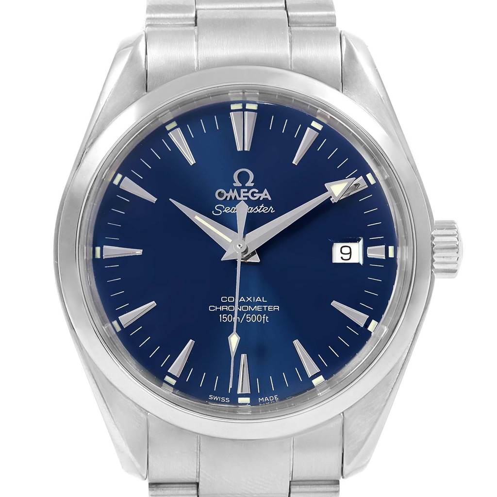 The image shows a close-up of the face of an Omega Aqua Terra 2503.80.00 Men's Stainless Steel Blue Dial 2503.80.00 Men's Stainless Steel Blue Dial watch, highlighting the blue dial, date window, and bracelet.