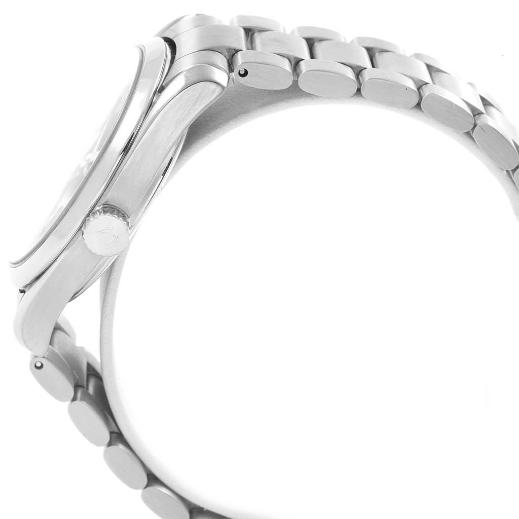 This side view of the Omega Aqua Terra 2503.80.00 Men's Stainless Steel Blue Dial 2503.80.00 Men's Stainless Steel Blue Dial watch shows its crown, case, and metal bracelet.