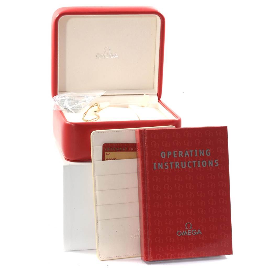 The image shows an Omega Aqua Terra 2503.80.00 Men's Stainless Steel Blue Dial 2503.80.00 Men's Stainless Steel Blue Dial watch box, operating instructions booklet, and warranty card.