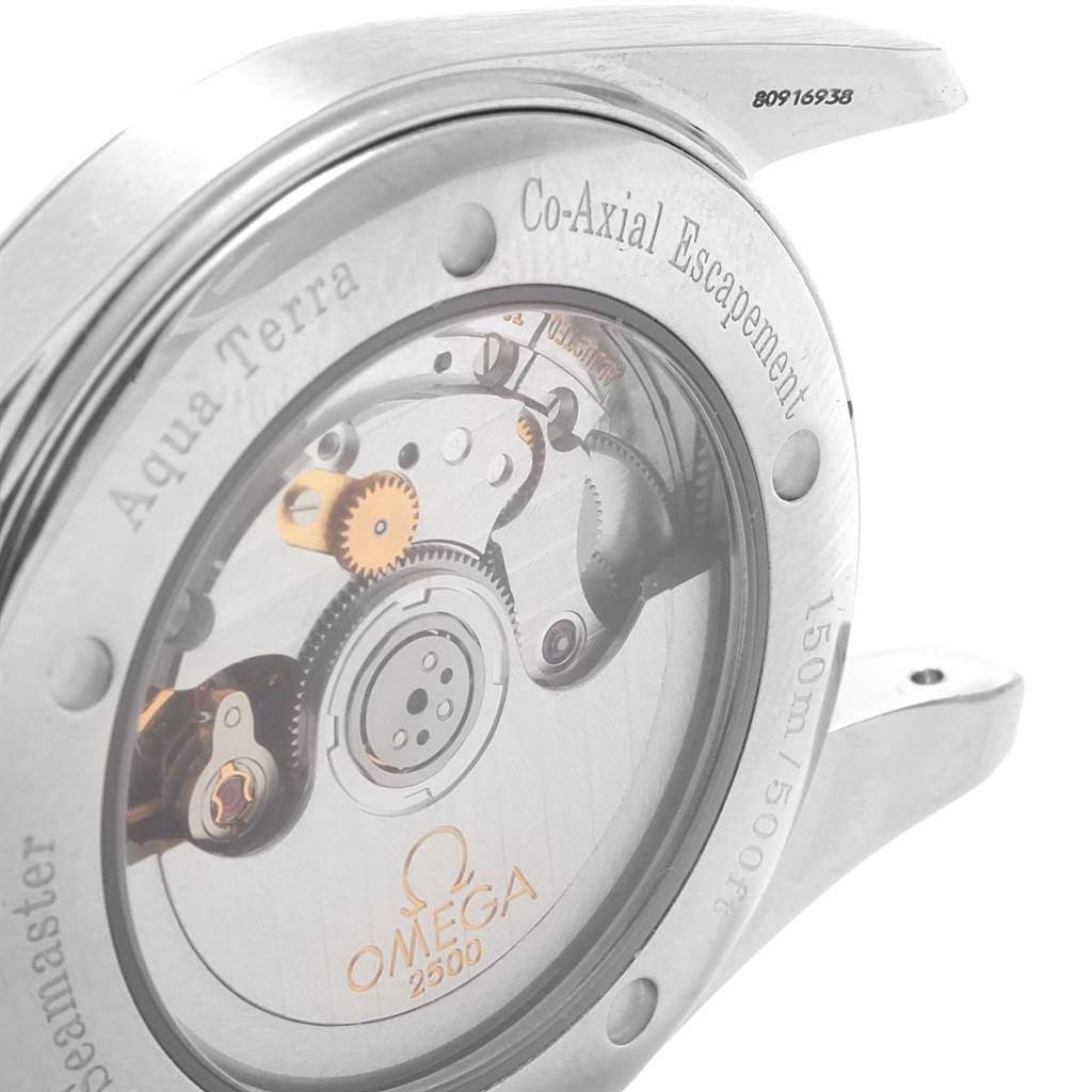 The image shows the back case of the Omega Aqua Terra 2503.80.00 Men's Stainless Steel Blue Dial 2503.80.00 Men's Stainless Steel Blue Dial watch, revealing the Co-Axial Escapement and inner mechanical components.