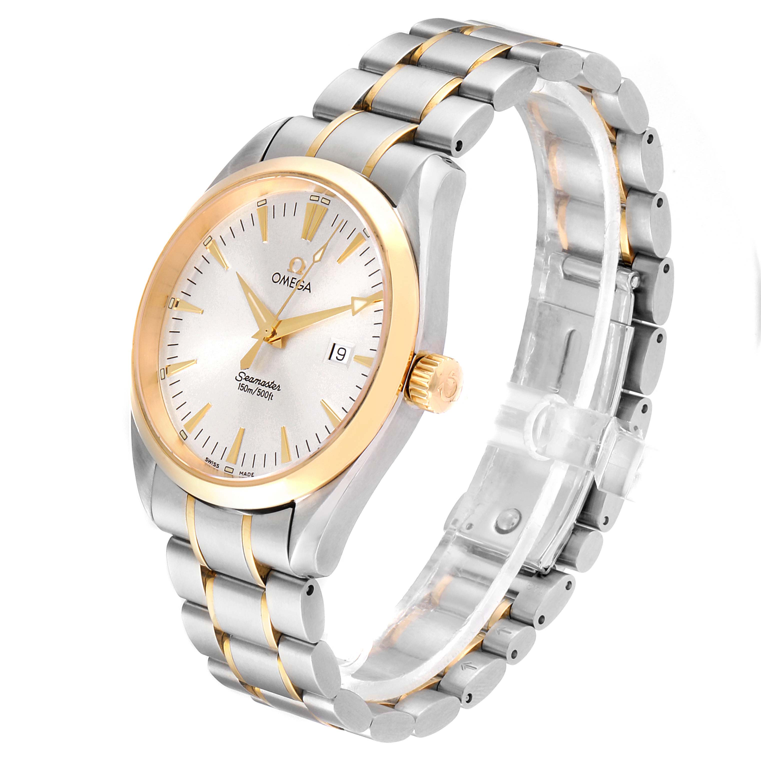 The image shows an Omega Aqua Terra 2317.30.00 Men's Steel and Gold (two tone) Silver Dial 2317.30.00 Men's Steel and Gold (two tone) Silver Dial watch from a 3/4 angle, highlighting its dial, bezel, crown, and bracelet.