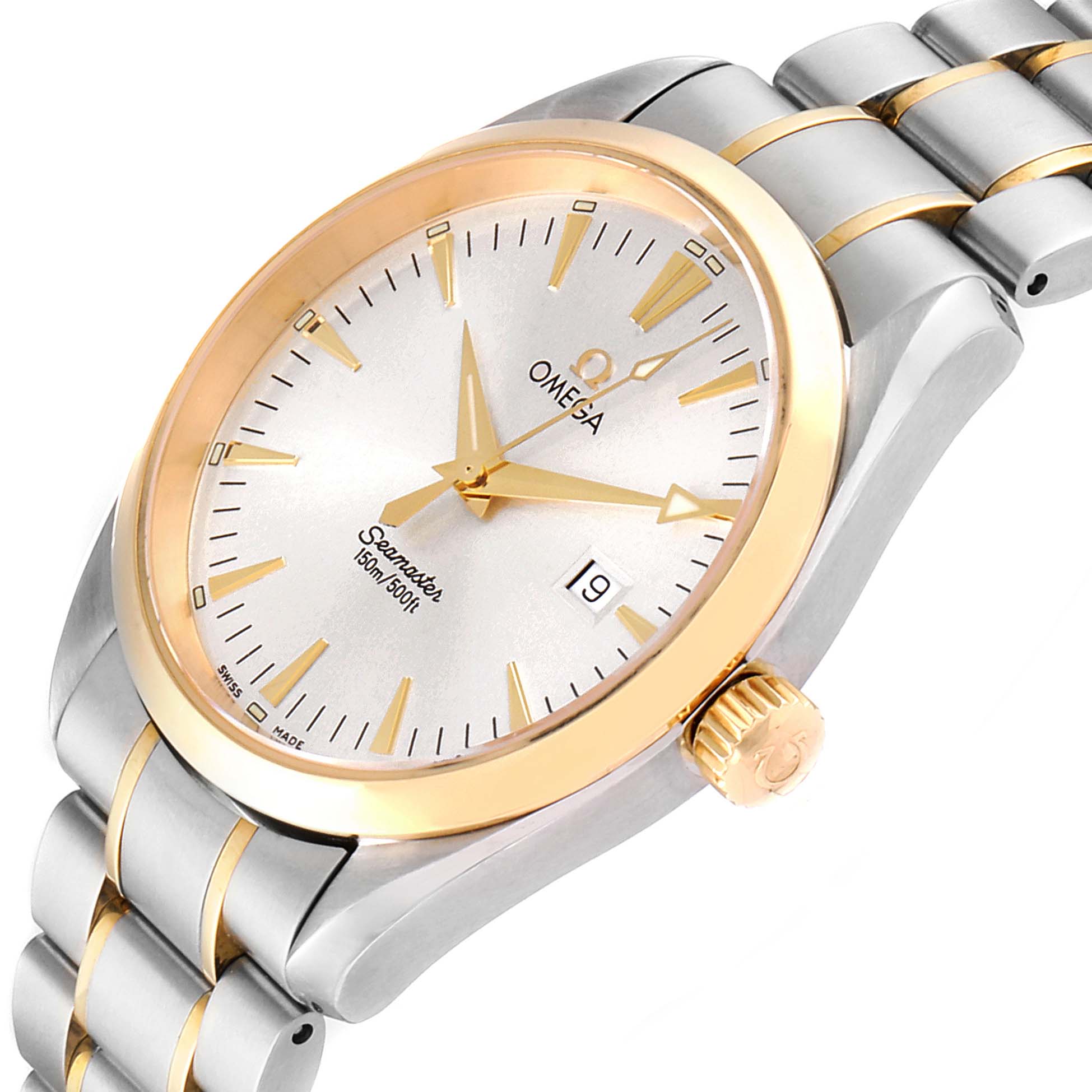The image shows the front view of the Omega Aqua Terra 2317.30.00 Men's Steel and Gold (two tone) Silver Dial 2317.30.00 Men's Steel and Gold (two tone) Silver Dial Seamaster watch, highlighting the dial, bezel, crown, and bracelet.