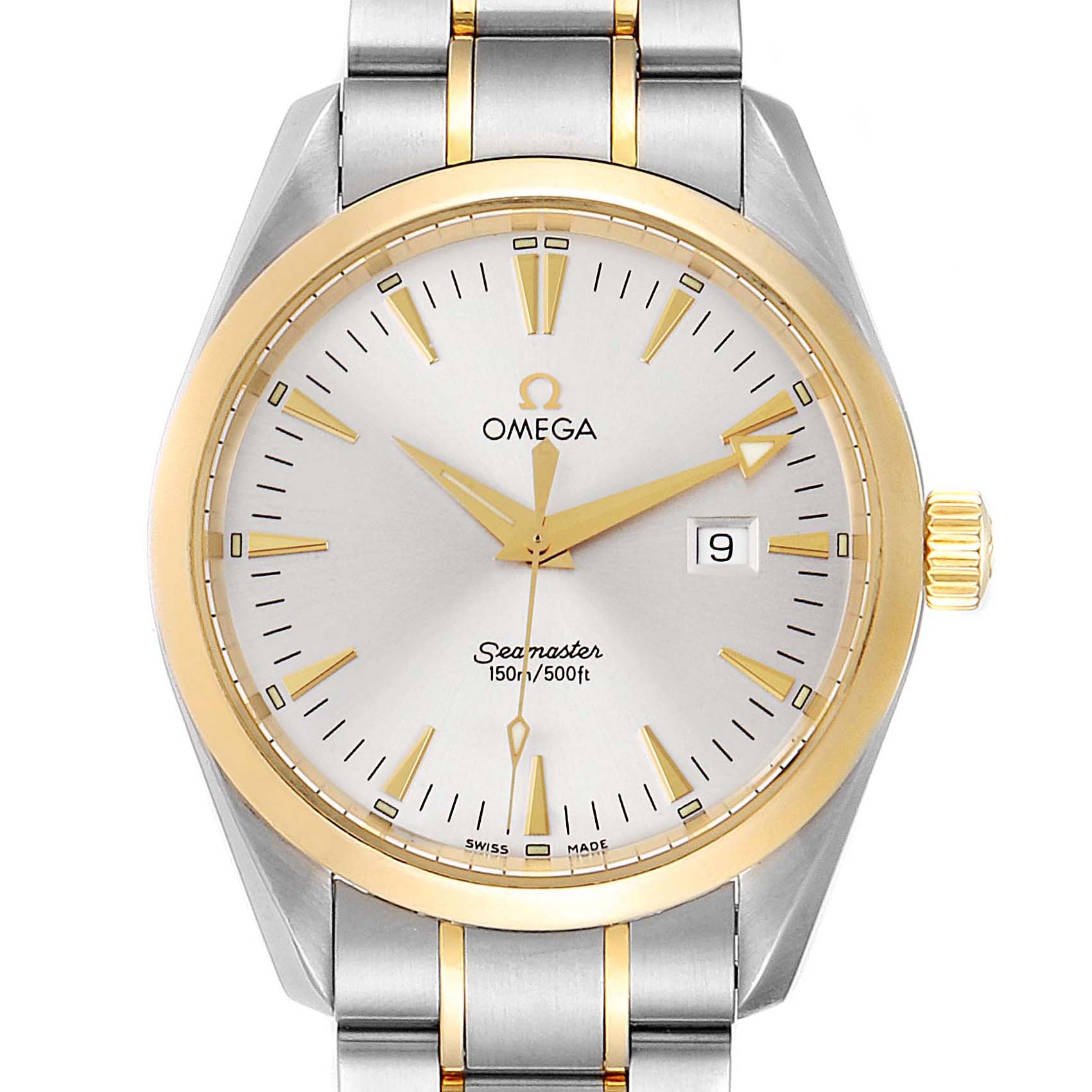 The image shows a front view of an Omega Aqua Terra 2317.30.00 Men's Steel and Gold (two tone) Silver Dial 2317.30.00 Men's Steel and Gold (two tone) Silver Dial watch, displaying its face, bezel, dial, hands, bracelet, and crown.