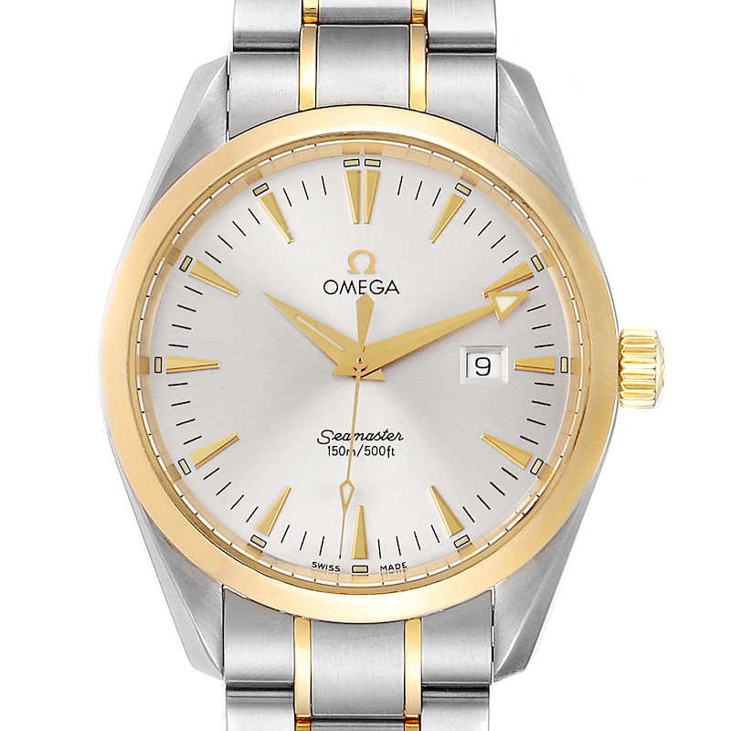 The image shows a front view of an Omega Aqua Terra watch, displaying its face, bezel, dial, hands, bracelet, and crown.