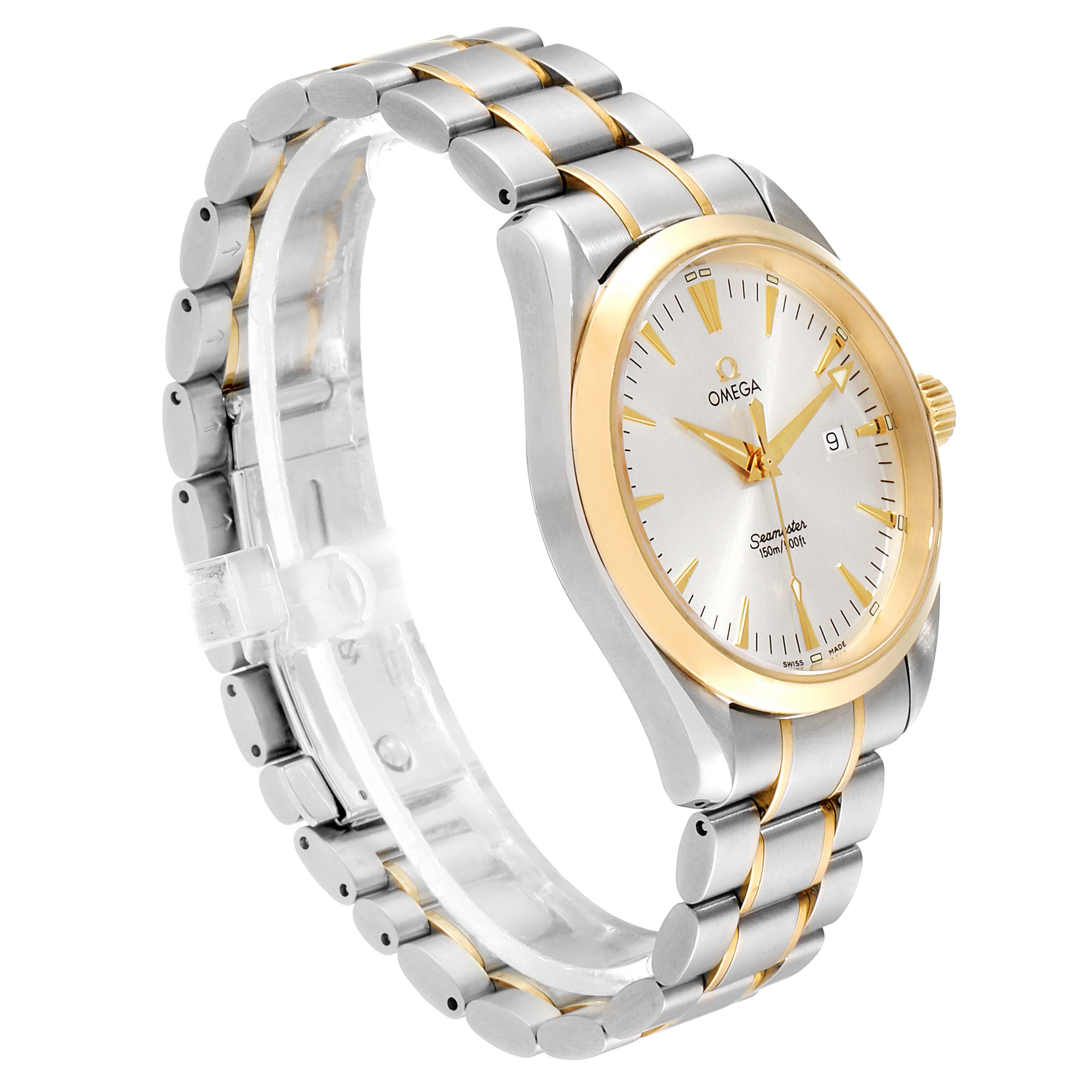 The image shows a side angle view of the Omega Aqua Terra 2317.30.00 Men's Steel and Gold (two tone) Silver Dial 2317.30.00 Men's Steel and Gold (two tone) Silver Dial watch, highlighting its face, band, and crown.