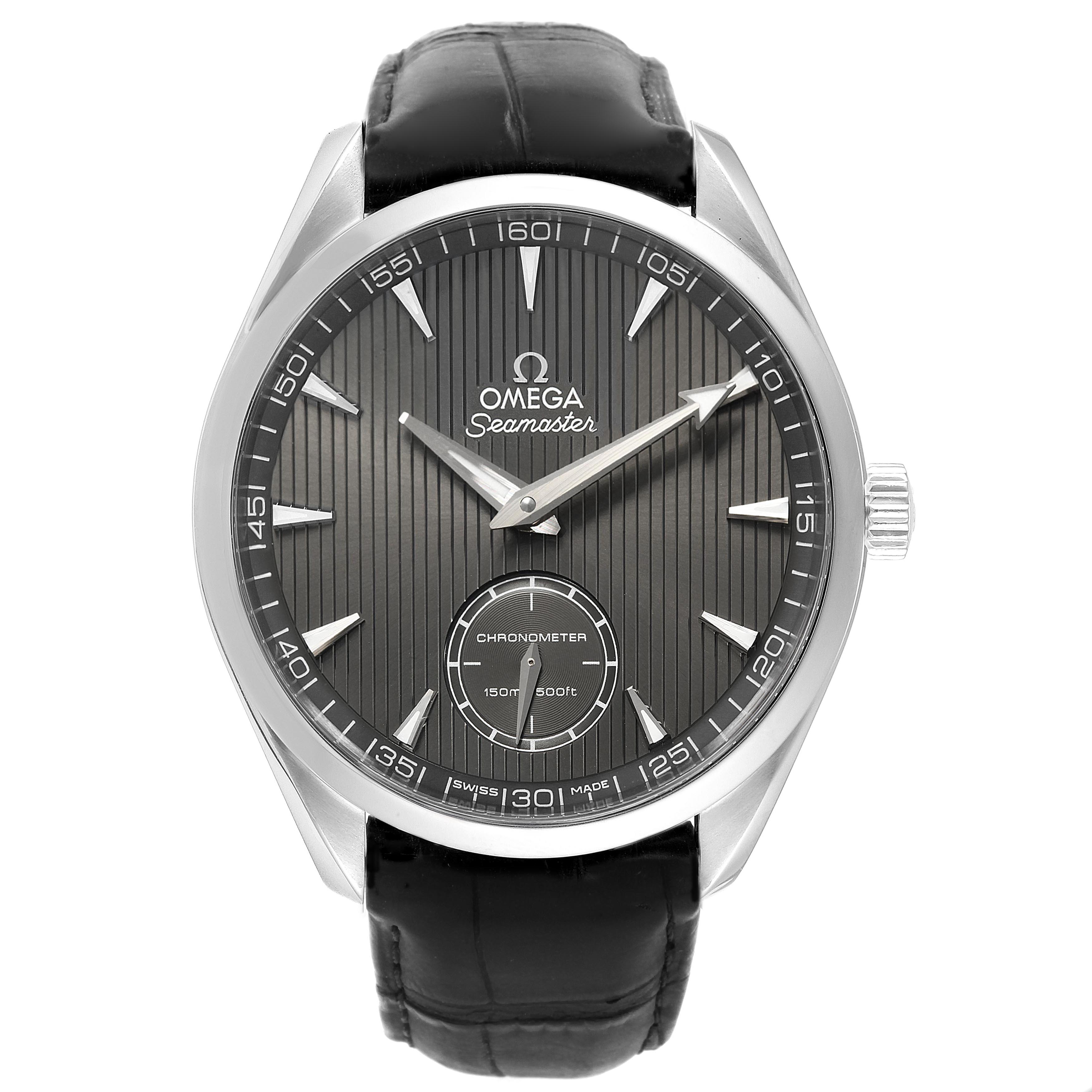 The image shows a front view of an Omega Aqua Terra 231.13.49.10.06.001 Men's Stainless Steel Grey Dial 231.13.49.10.06.001 Men's Stainless Steel Grey Dial watch featuring a black leather strap and a grey dial.