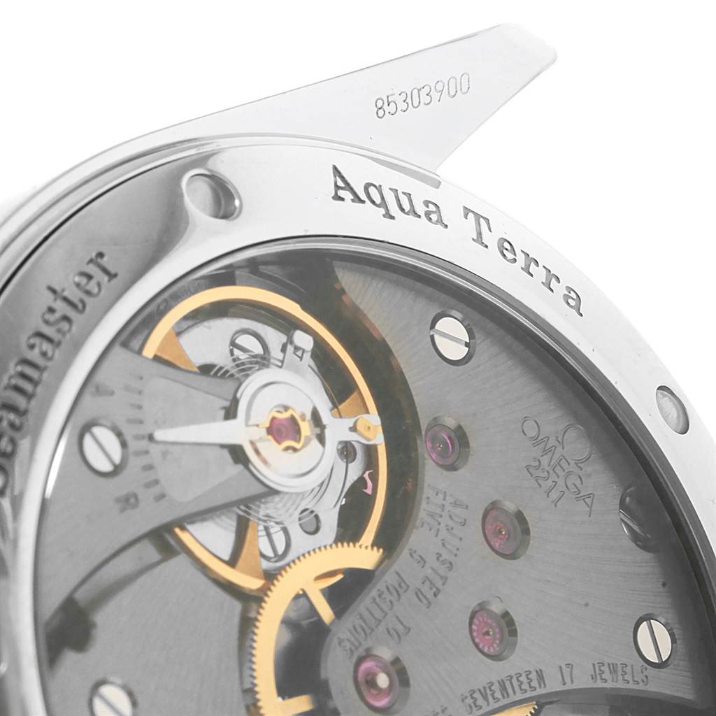 The image shows the back view of the Omega Aqua Terra 231.13.49.10.06.001 Men's Stainless Steel Grey Dial 231.13.49.10.06.001 Men's Stainless Steel Grey Dial watch, highlighting its mechanical movement and internal components.