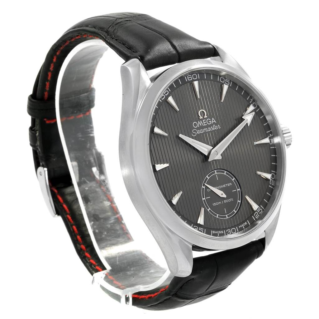 The image displays a side and front angle view of the Omega Aqua Terra 231.13.49.10.06.001 Men's Stainless Steel Grey Dial 231.13.49.10.06.001 Men's Stainless Steel Grey Dial Seamaster watch, highlighting its dial and leather strap.