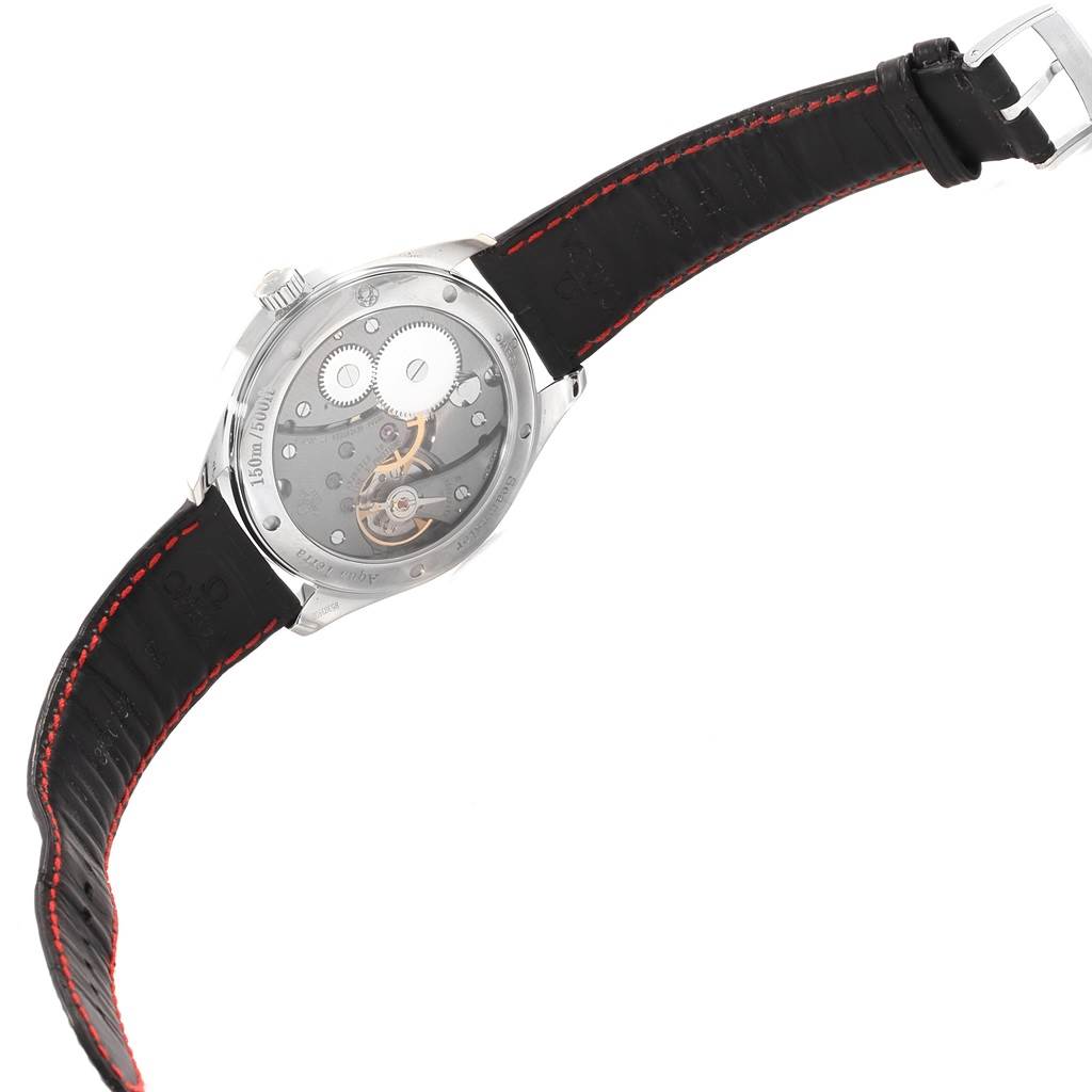 The image shows the back of an Omega Aqua Terra 231.13.49.10.06.001 Men's Stainless Steel Grey Dial 231.13.49.10.06.001 Men's Stainless Steel Grey Dial watch, highlighting the visible internal mechanisms and black strap with red stitching.