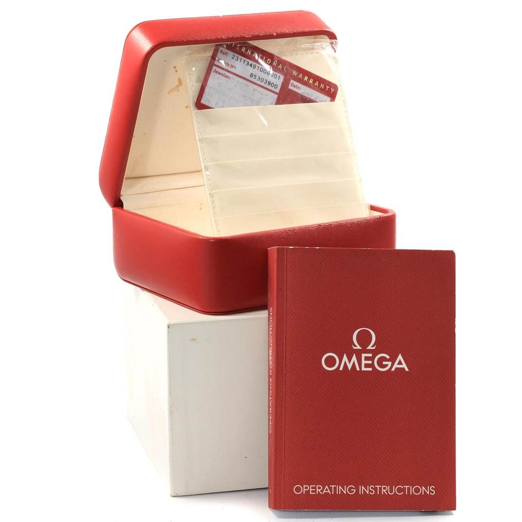 The image shows the packaging, warranty card, and operating instructions for an Omega Aqua Terra 231.13.49.10.06.001 Men's Stainless Steel Grey Dial 231.13.49.10.06.001 Men's Stainless Steel Grey Dial watch.