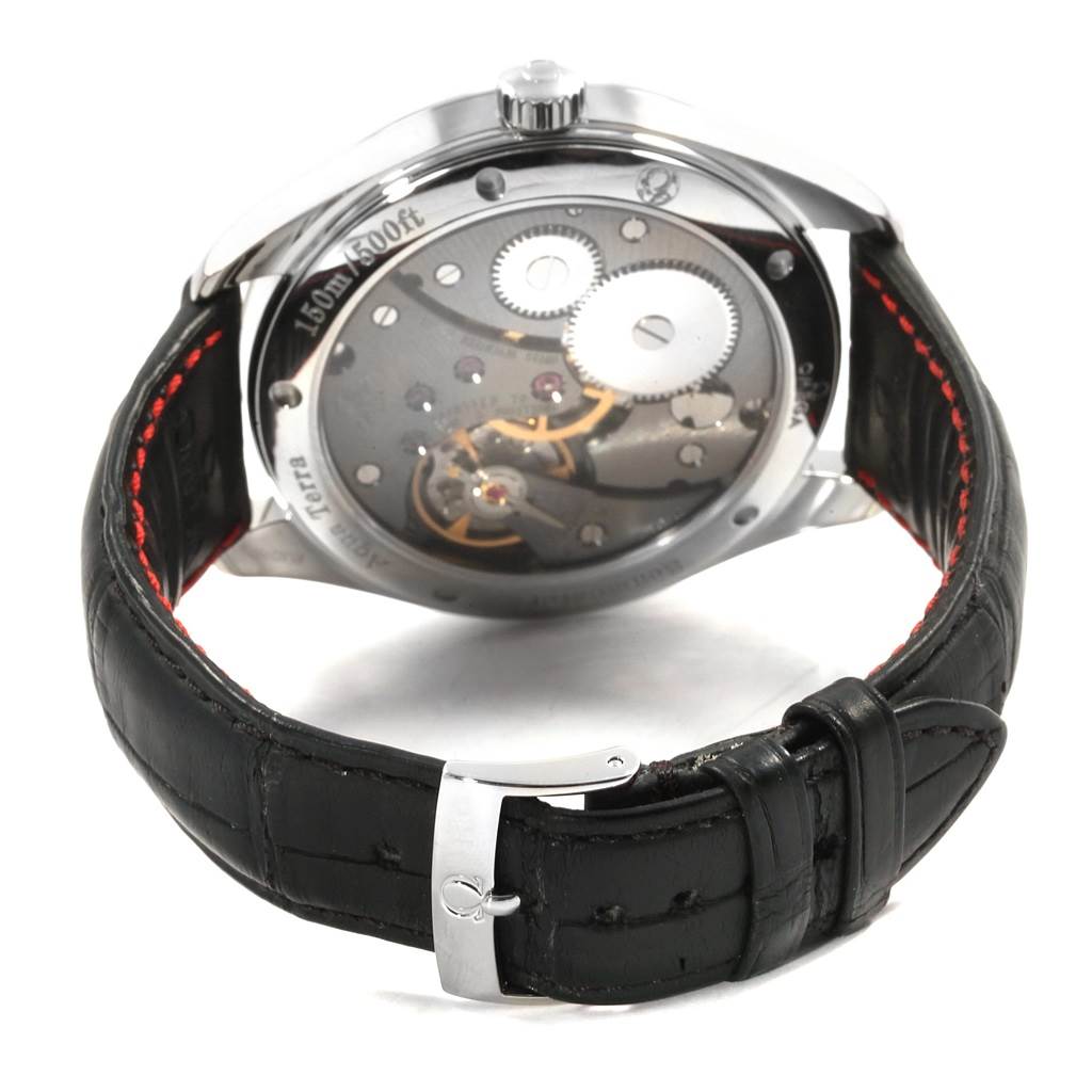 This image shows the back view of the Omega Aqua Terra 231.13.49.10.06.001 Men's Stainless Steel Grey Dial 231.13.49.10.06.001 Men's Stainless Steel Grey Dial watch, highlighting the transparent case back and black leather strap.