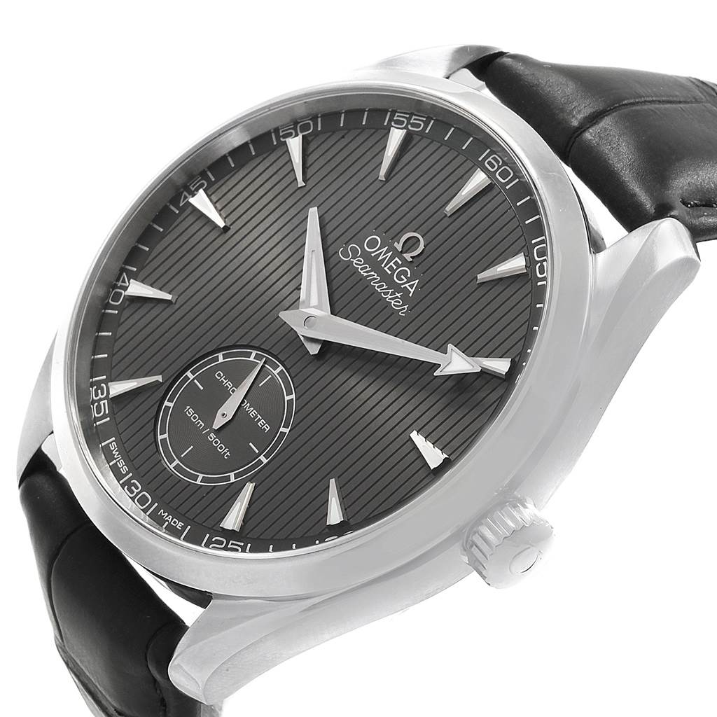 The image shows an angled front view of the Omega Aqua Terra 231.13.49.10.06.001 Men's Stainless Steel Grey Dial 231.13.49.10.06.001 Men's Stainless Steel Grey Dial watch, highlighting the face, hands, case, and part of the strap.