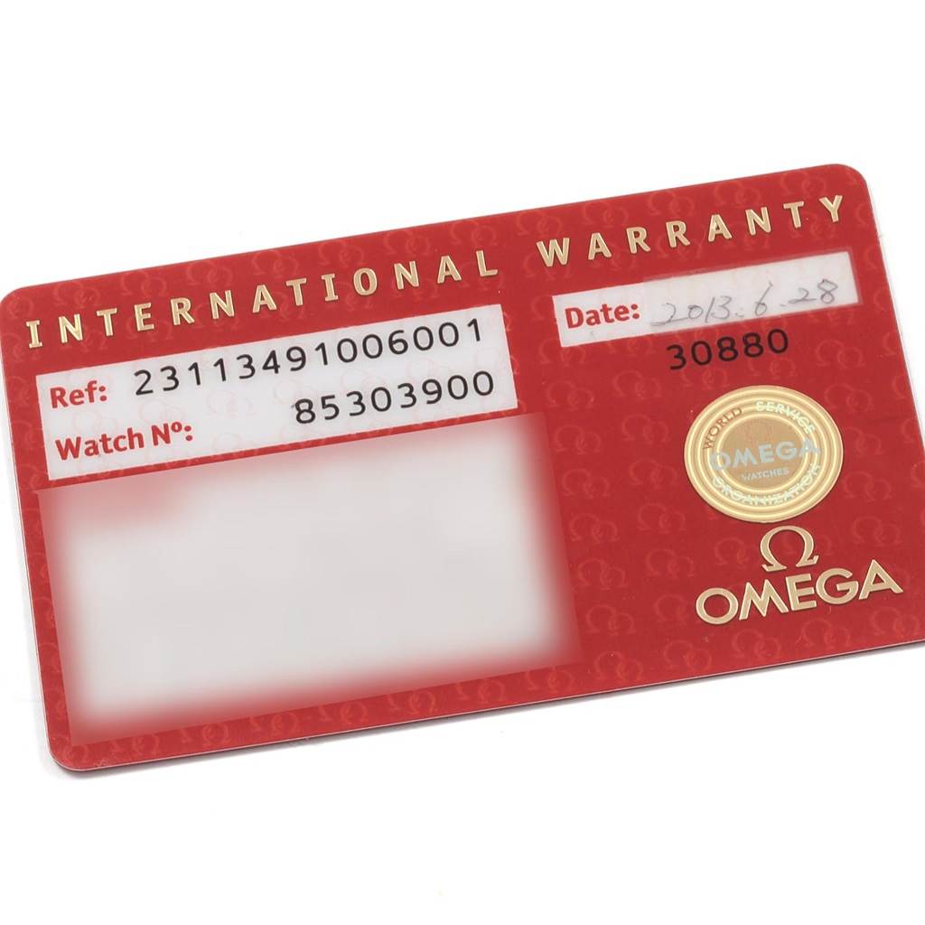 The image shows the international warranty card for the Omega Aqua Terra 231.13.49.10.06.001 Men's Stainless Steel Grey Dial 231.13.49.10.06.001 Men's Stainless Steel Grey Dial watch.