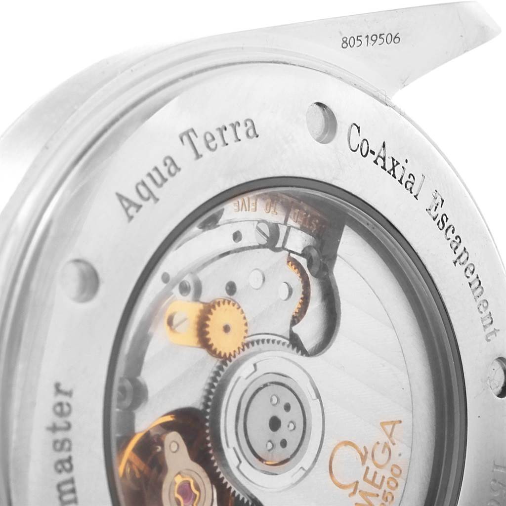 This image shows the back of the Omega Aqua Terra 2502.80.00 Men's Stainless Steel Blue Dial 2502.80.00 Men's Stainless Steel Blue Dial watch, highlighting its Co-Axial Escapement and internal mechanisms.