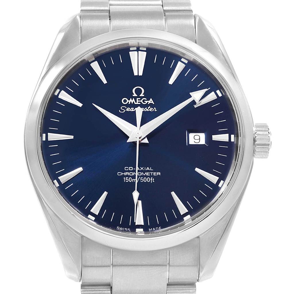 This is a front view of the Omega Aqua Terra 2502.80.00 Men's Stainless Steel Blue Dial 2502.80.00 Men's Stainless Steel Blue Dial watch, showing the face, hands, markers, date window, and bracelet.