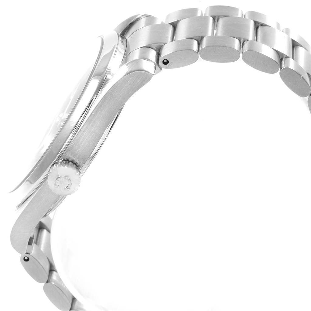 This image shows a side view of the Omega Aqua Terra 2502.80.00 Men's Stainless Steel Blue Dial 2502.80.00 Men's Stainless Steel Blue Dial watch, highlighting the crown and part of the bracelet.