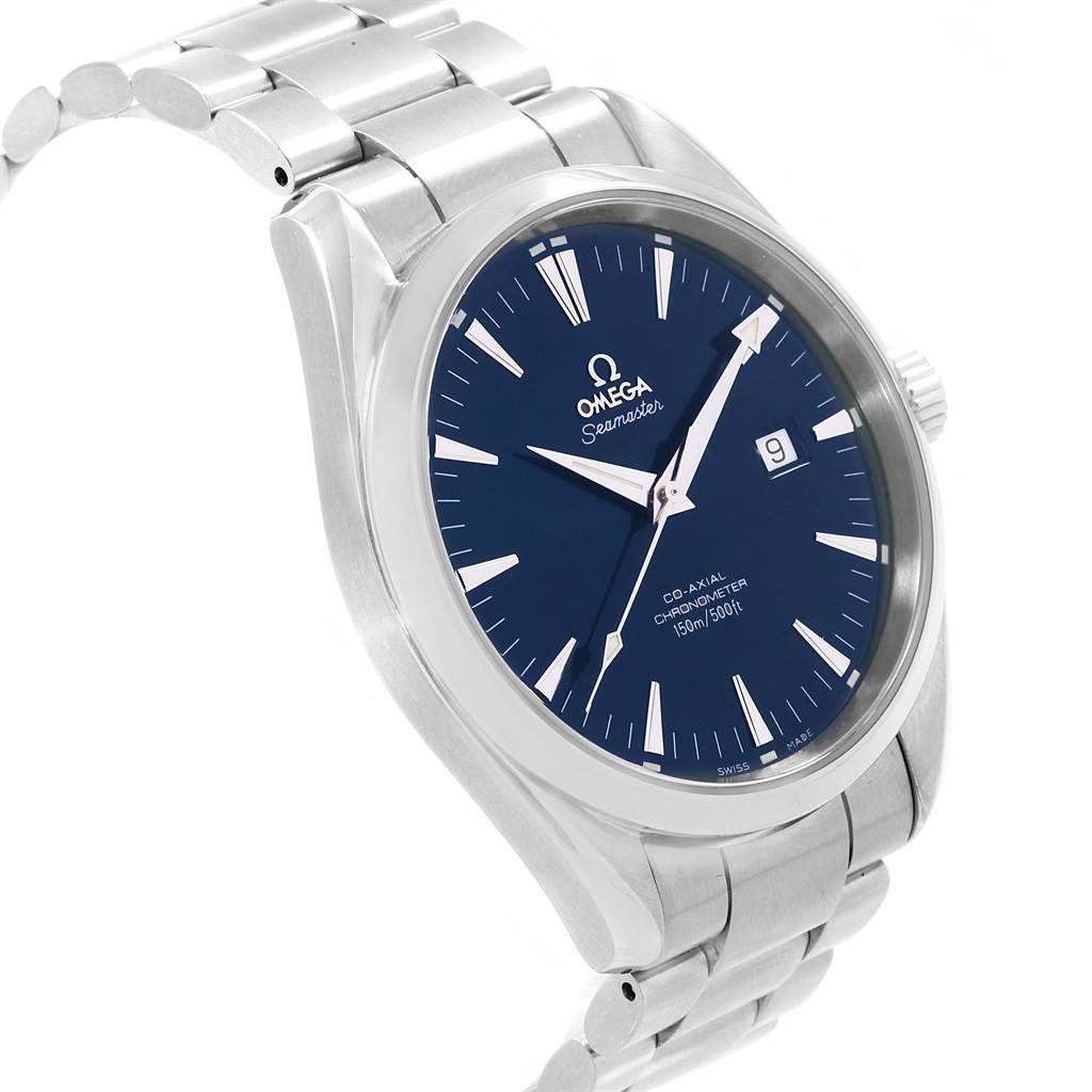 The image shows an Omega Aqua Terra 2502.80.00 Men's Stainless Steel Blue Dial 2502.80.00 Men's Stainless Steel Blue Dial watch model from an angled side view, highlighting the face, dial, bezel, case, and bracelet.