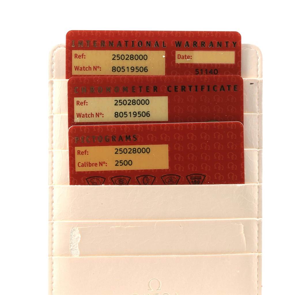 The image shows warranty and certificate cards for the Omega Aqua Terra 2502.80.00 Men's Stainless Steel Blue Dial 2502.80.00 Men's Stainless Steel Blue Dial watch model, displayed in a white card holder.