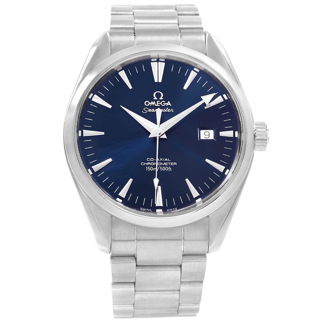 This image shows a frontal view of an Omega Aqua Terra 2502.80.00 Men's Stainless Steel Blue Dial 2502.80.00 Men's Stainless Steel Blue Dial watch, showcasing its blue dial, date window, and stainless steel bracelet.