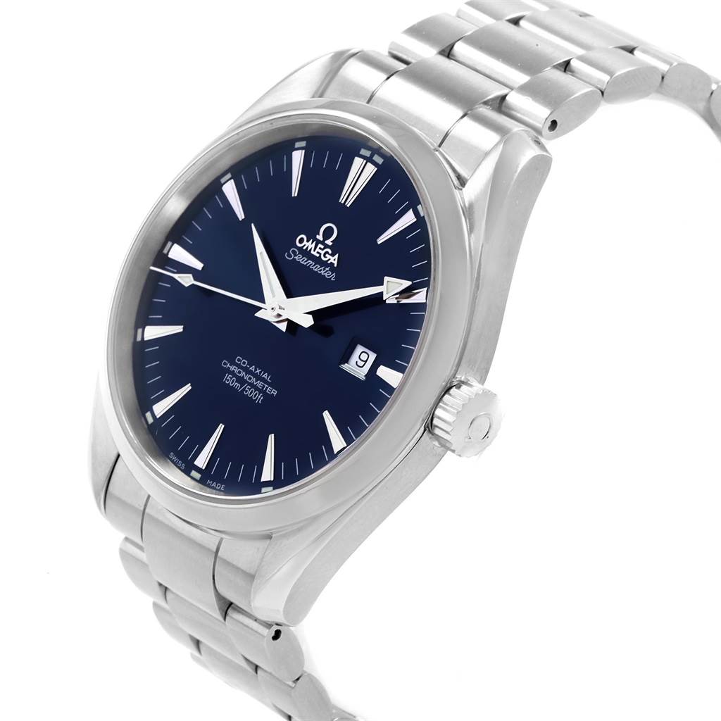 This image shows the Omega Aqua Terra 2502.80.00 Men's Stainless Steel Blue Dial 2502.80.00 Men's Stainless Steel Blue Dial watch at a tilted angle, highlighting its face, bezel, crown, and metal bracelet.