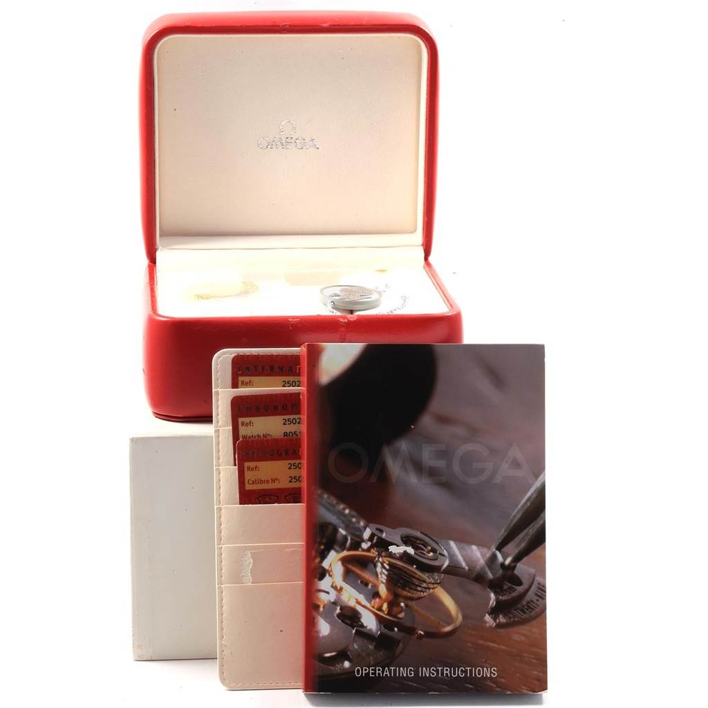 The image shows the packaging box, warranty cards, and operating instructions for the Omega Aqua Terra 2502.80.00 Men's Stainless Steel Blue Dial 2502.80.00 Men's Stainless Steel Blue Dial model.