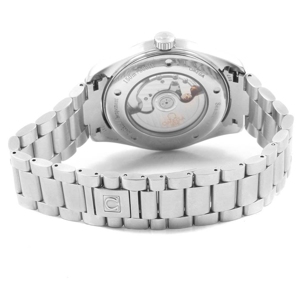 The image shows the back view of an Omega Aqua Terra 2502.80.00 Men's Stainless Steel Blue Dial 2502.80.00 Men's Stainless Steel Blue Dial watch, highlighting the case back and stainless steel bracelet.