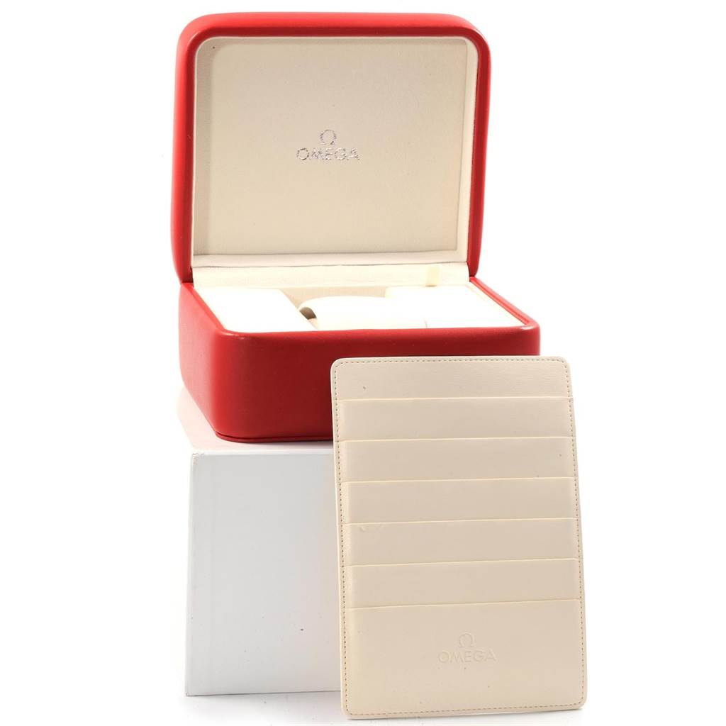 This image shows the packaging box and accessory cardholder for the Omega Aqua Terra 231.10.39.21.54.001 Men's Stainless Steel White Dial 231.10.39.21.54.001 Men's Stainless Steel White Dial model, photographed from the front and slightly above.