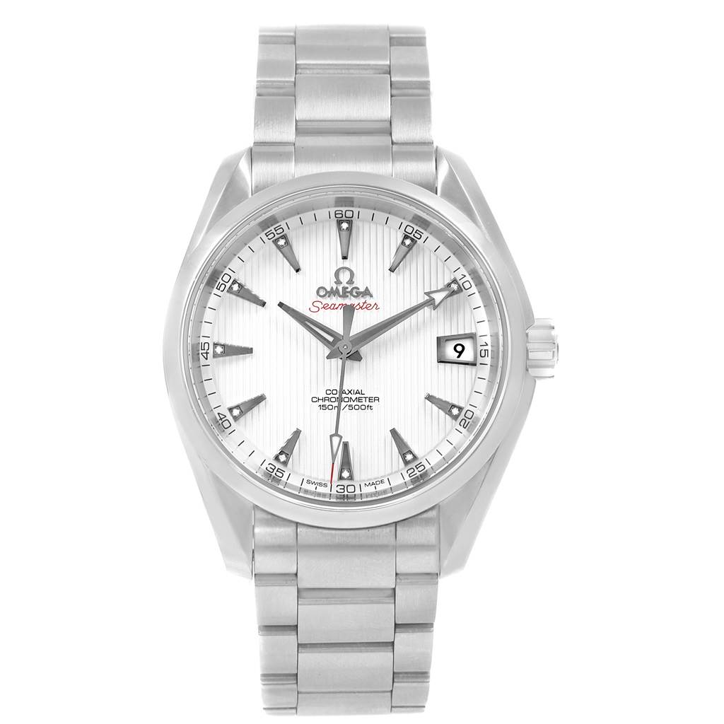 The image shows a front view of an Omega Seamaster Aqua Terra watch, displaying the dial, bracelet, bezel, and crown.