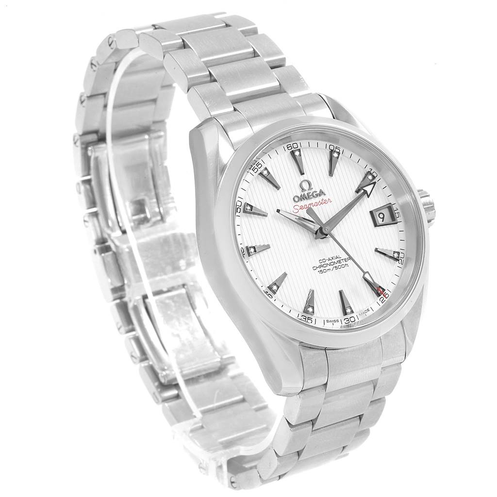 The Omega Aqua Terra 231.10.39.21.54.001 Men's Stainless Steel White Dial 231.10.39.21.54.001 Men's Stainless Steel White Dial watch is shown at an angled view, displaying the face, bezel, and bracelet.