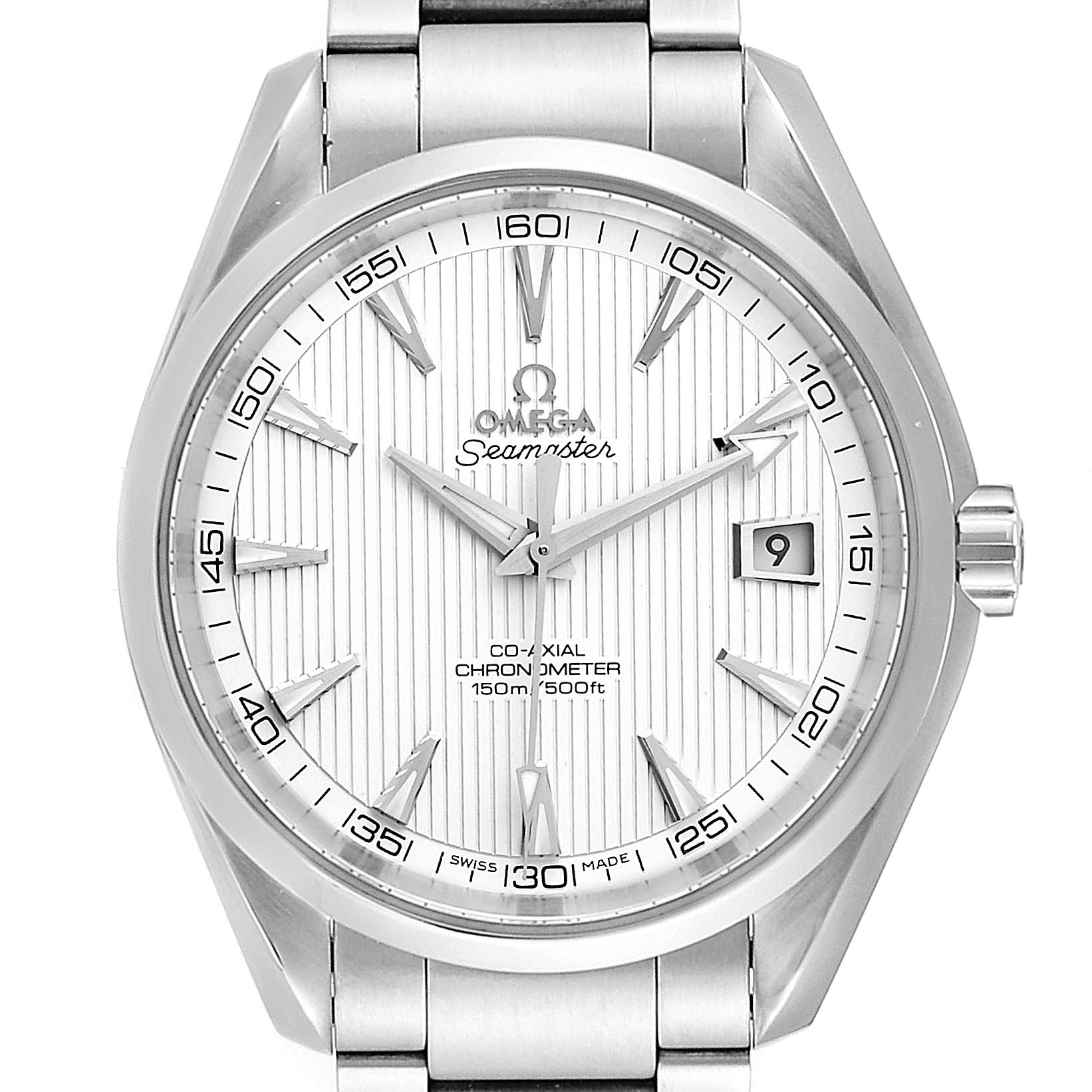 The image shows a front view of the Omega Aqua Terra 231.10.42.21.02.001 Men
s Stainless Steel Silver Dial 231.10.42.21.02.001 Men
s Stainless Steel Silver Dial watch displaying the dial, hands, markers, and part of the bracelet.