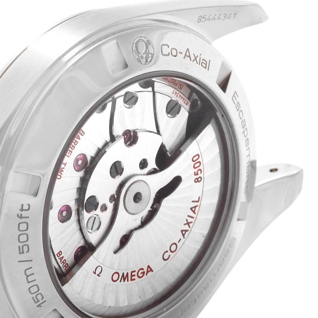 The image shows the open case back and inner mechanism of the Omega Aqua Terra 231.10.42.21.02.001 Men
s Stainless Steel Silver Dial 231.10.42.21.02.001 Men
s Stainless Steel Silver Dial watch, highlighting the Co-Axial escapement.