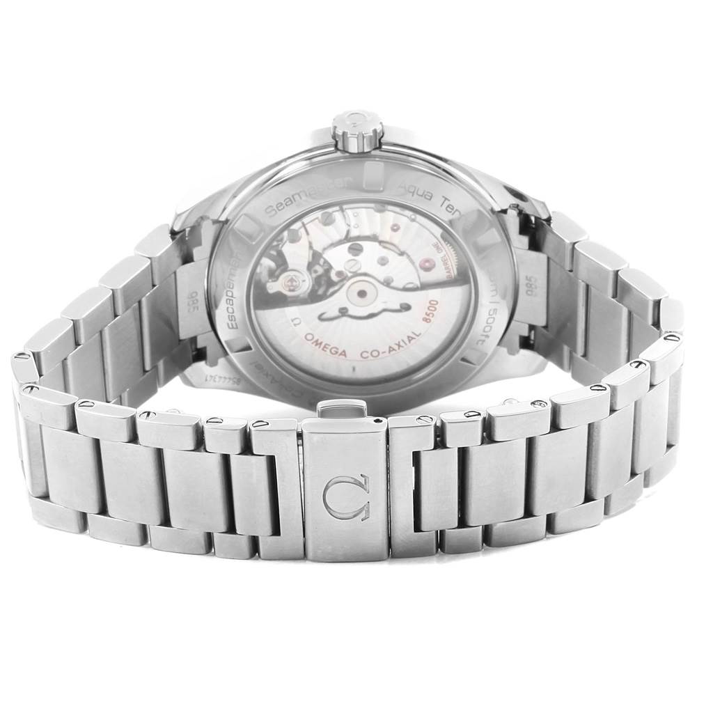 The image shows the back view of the Omega Aqua Terra 231.10.42.21.02.001 Men
s Stainless Steel Silver Dial 231.10.42.21.02.001 Men
s Stainless Steel Silver Dial watch, highlighting the case back and metallic bracelet.