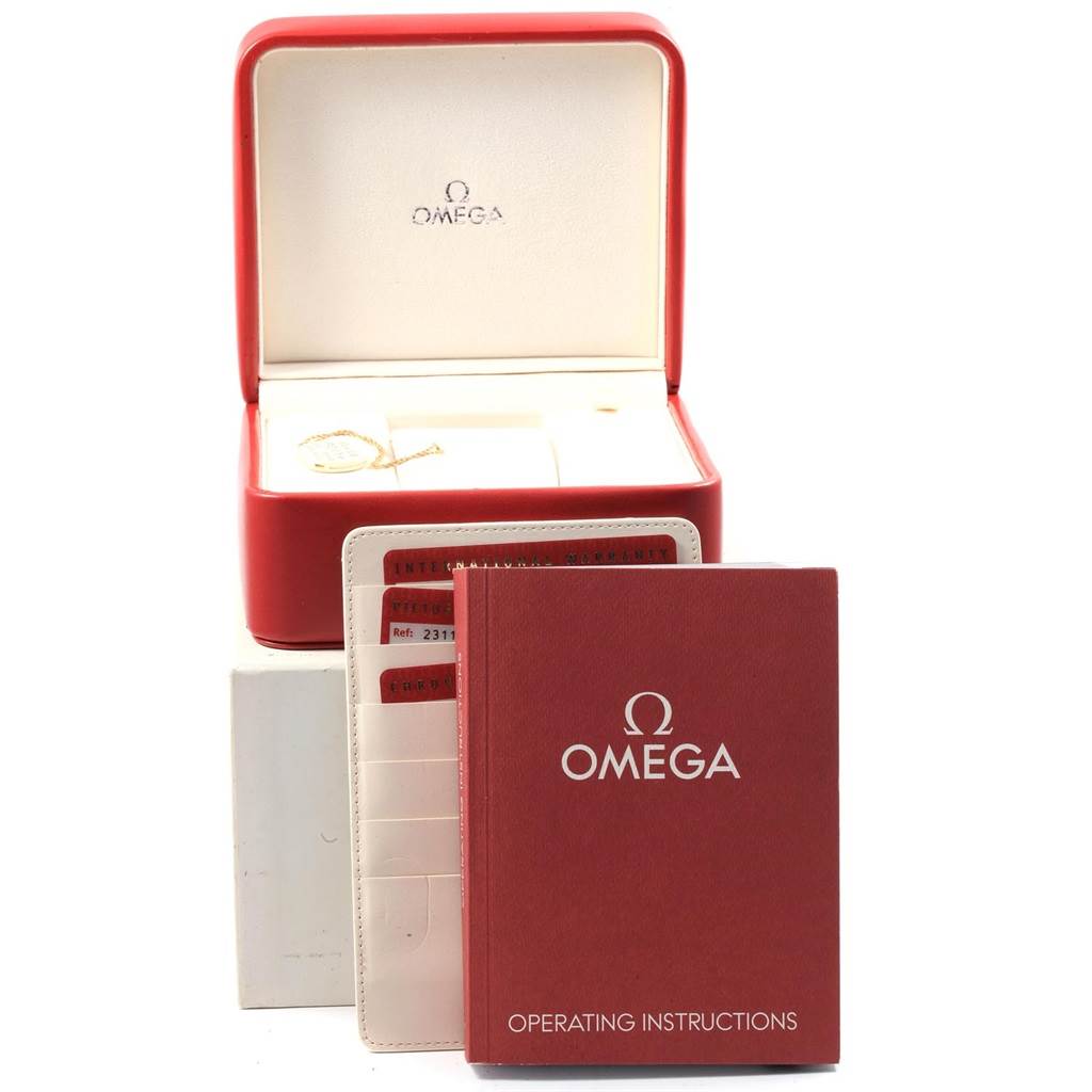 The image shows the packaging, operating instructions, and warranty cards for the Omega Aqua Terra 231.10.42.21.02.001 Men
s Stainless Steel Silver Dial 231.10.42.21.02.001 Men
s Stainless Steel Silver Dial watch.