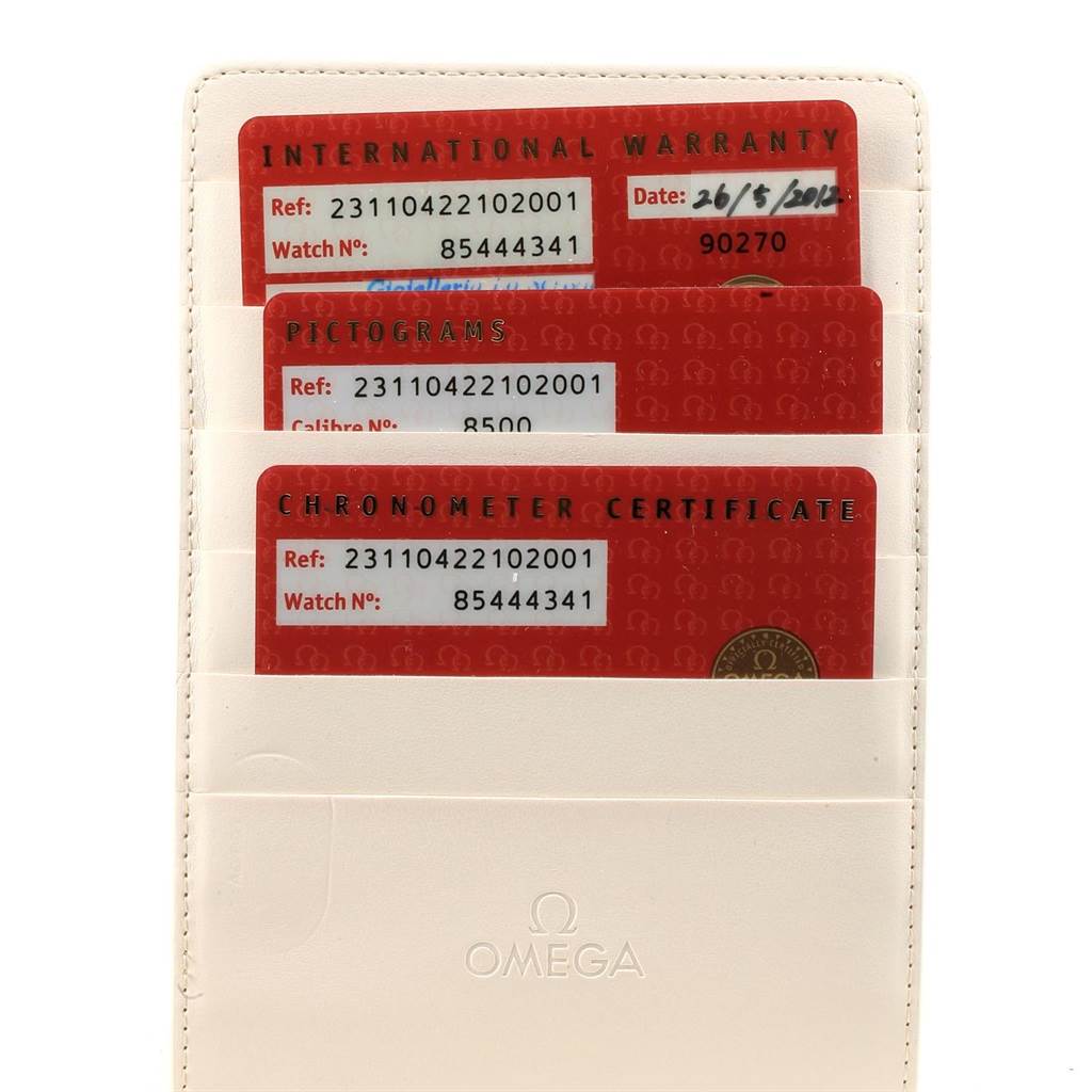 The image shows the warranty cards and certificates for an Omega Aqua Terra 231.10.42.21.02.001 Men
s Stainless Steel Silver Dial 231.10.42.21.02.001 Men
s Stainless Steel Silver Dial watch in a white cardholder.