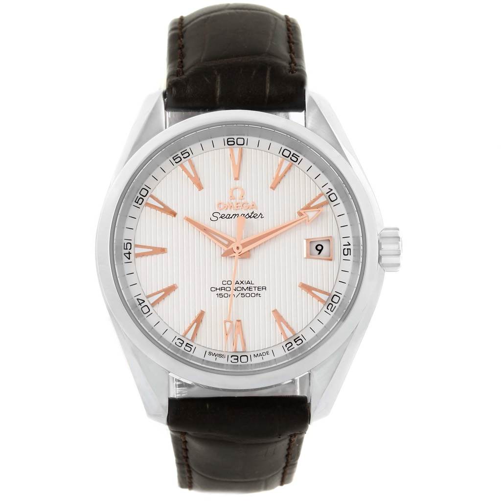 The Omega Aqua Terra 231.13.42.21.02.002 Men
s Stainless Steel Silver Dial 231.13.42.21.02.002 Men
s Stainless Steel Silver Dial watch is shown from a front-facing angle, displaying the dial, hands, date window, and leather strap.