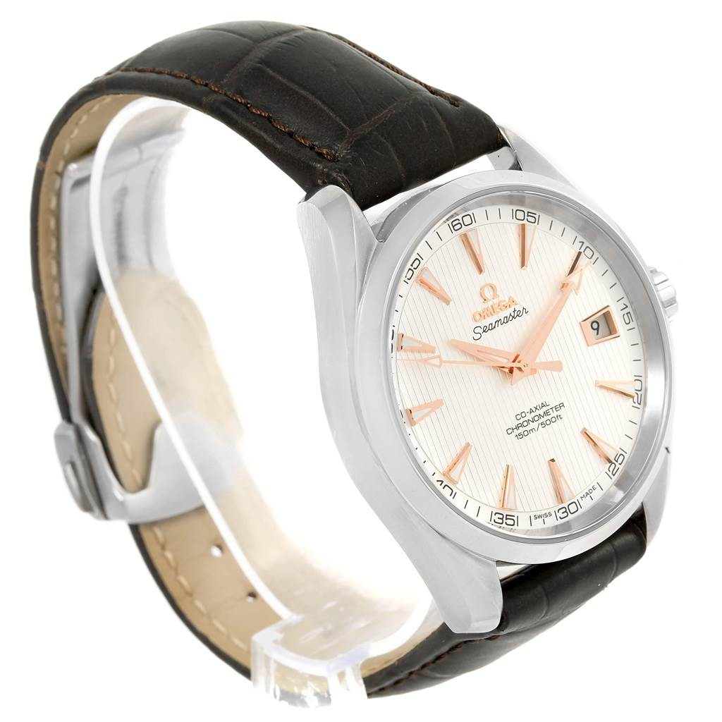 The Omega Aqua Terra 231.13.42.21.02.002 Men
s Stainless Steel Silver Dial 231.13.42.21.02.002 Men
s Stainless Steel Silver Dial watch is shown at a three-quarter angle, displaying the face, case, crown, and leather strap.