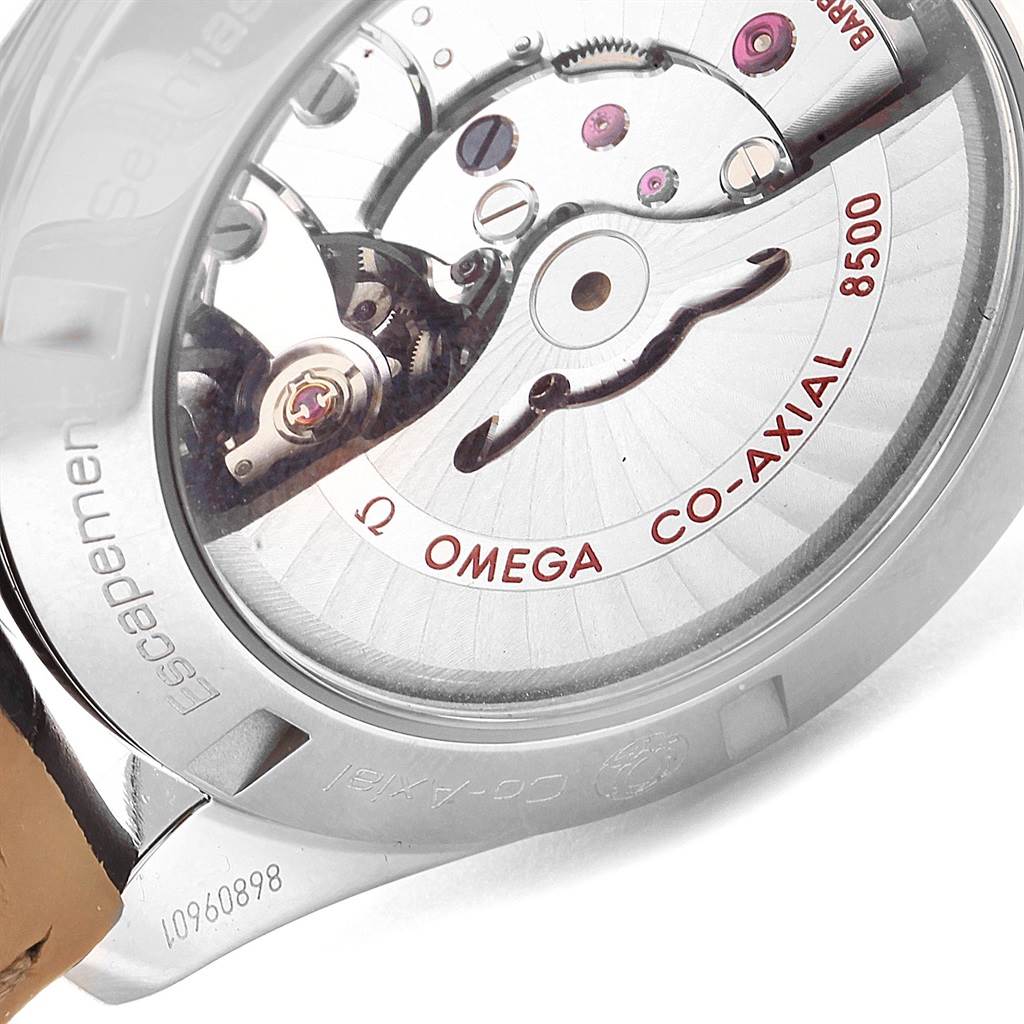 The image shows the back view of the Omega Aqua Terra 231.13.42.21.02.002 Men
s Stainless Steel Silver Dial 231.13.42.21.02.002 Men
s Stainless Steel Silver Dial watch, highlighting the Co-Axial 8500 movement.