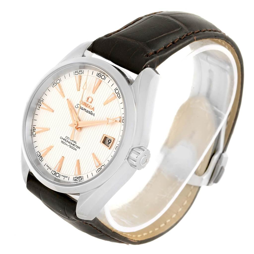 The Omega Aqua Terra 231.13.42.21.02.002 Men
s Stainless Steel Silver Dial 231.13.42.21.02.002 Men
s Stainless Steel Silver Dial watch is shown at an angled view displaying the face, bezel, crown, and leather strap.